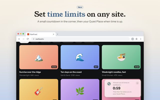 Set time limits on any site. A small countdown in the corner of a video site in Chrome.