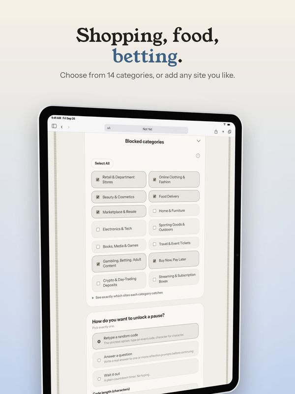 Shopping, food, betting. Choosing from 14 categories to pause.