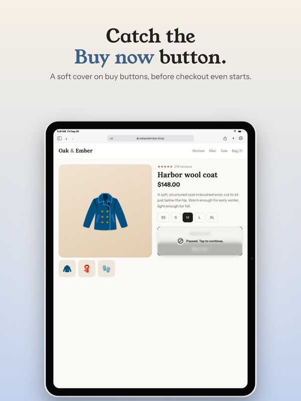 Catch the Buy now button. A soft cover over a product page's buy buttons.