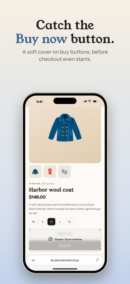 Catch the Buy now button. A soft cover over a product page's buy buttons.
