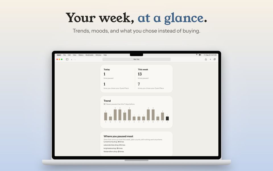Your week, at a glance. The recap's totals, weekly trend, and what you chose instead.