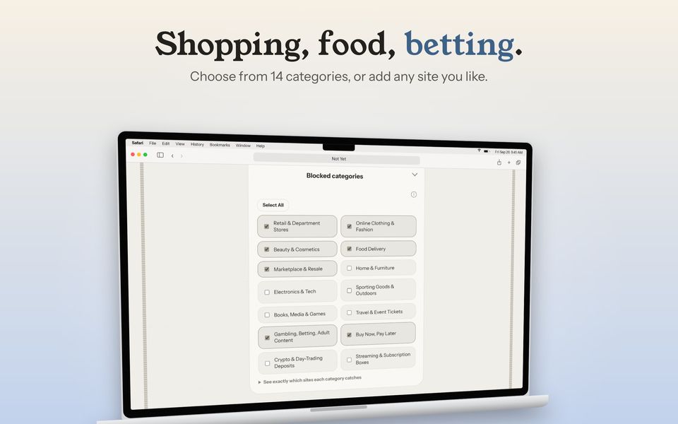 Shopping, food, betting. Choosing from 14 categories to pause.