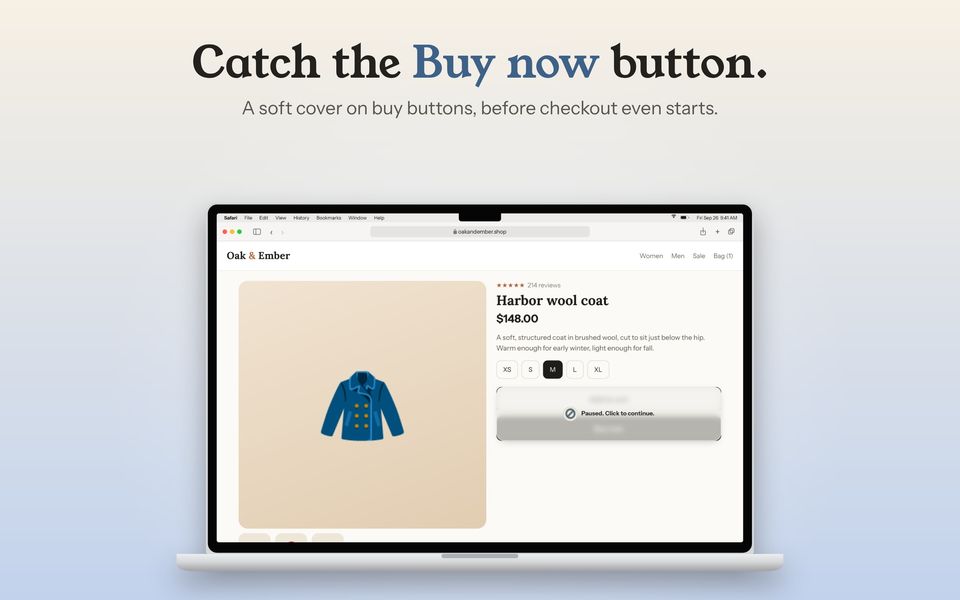 Catch the Buy now button. A soft cover over a product page's buy buttons.