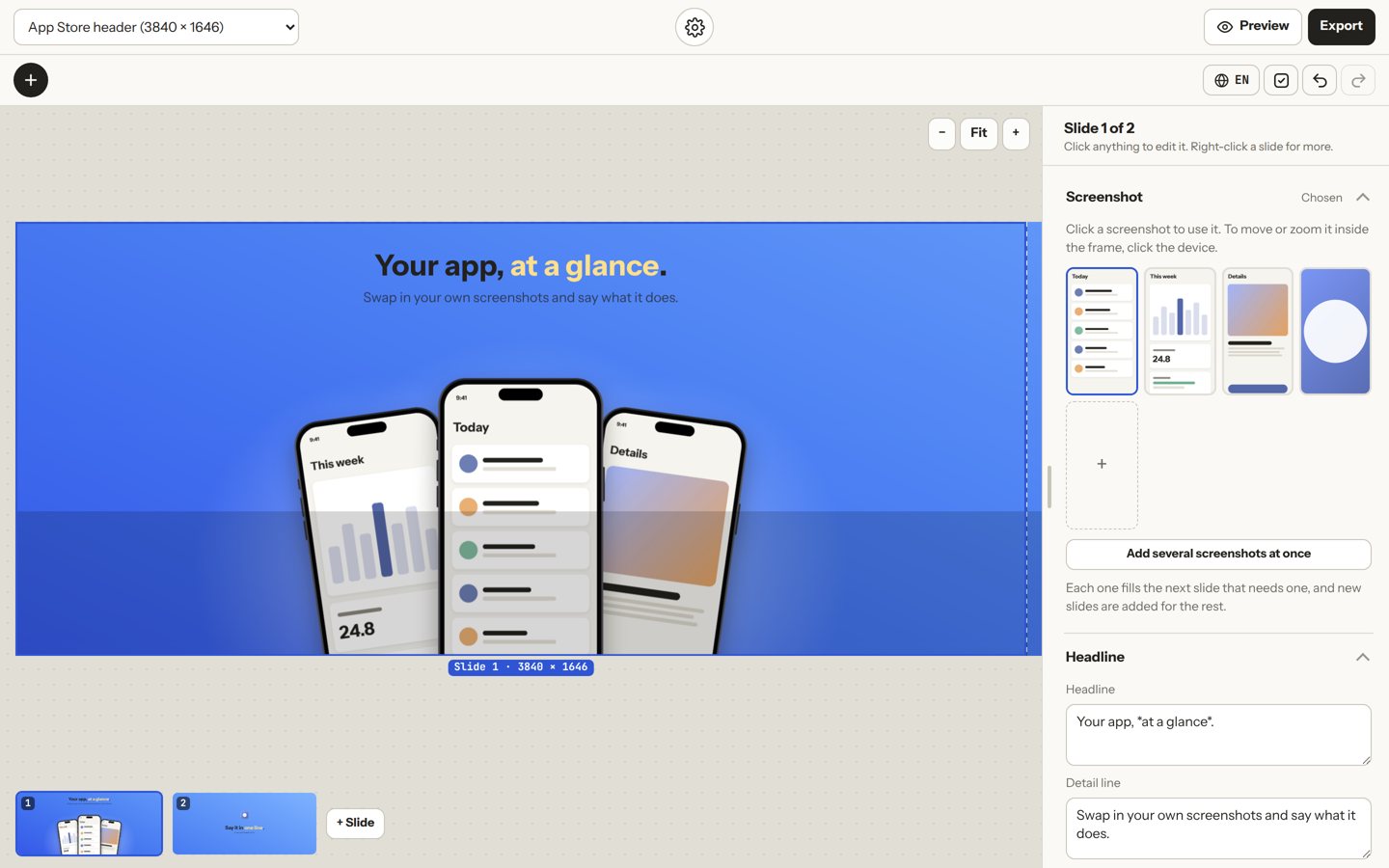 Shotstand's editor with an App Store header: a headline and three iPhones, with the bottom third dimmed where the product page covers it.