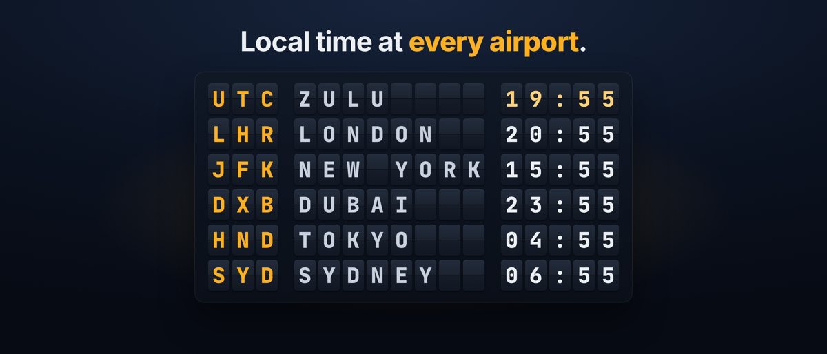 AvClock's header: a split-flap departure board of airport times under the line Local time at every airport.