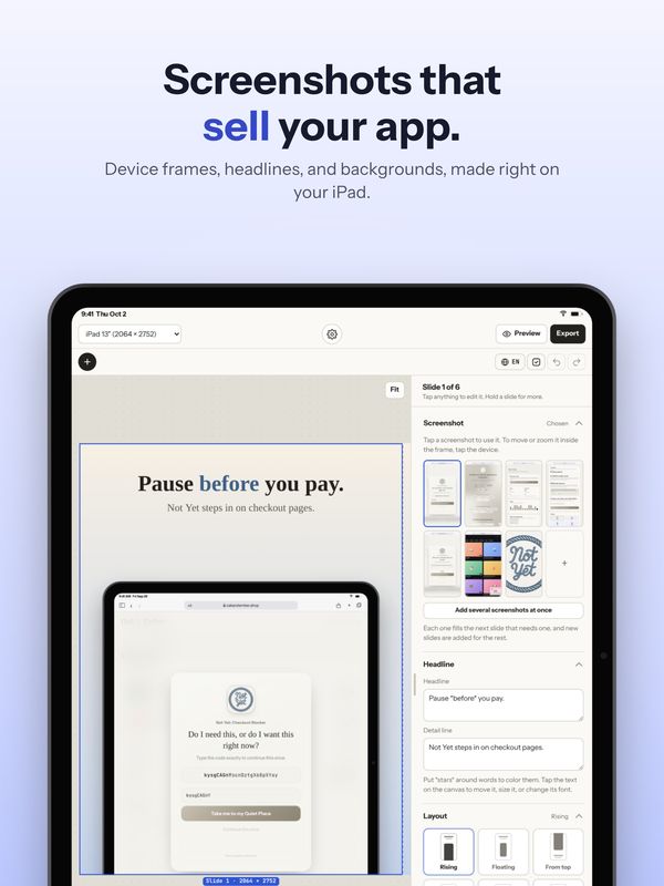 Screenshots that sell your app. Device frames, headlines, and backgrounds, made right on the device.