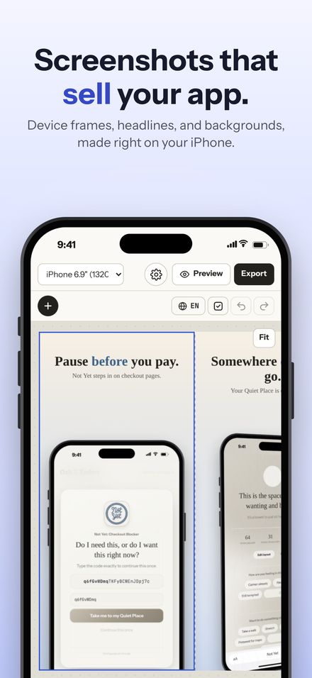 Screenshots that sell your app. Device frames, headlines, and backgrounds, made right on the device.
